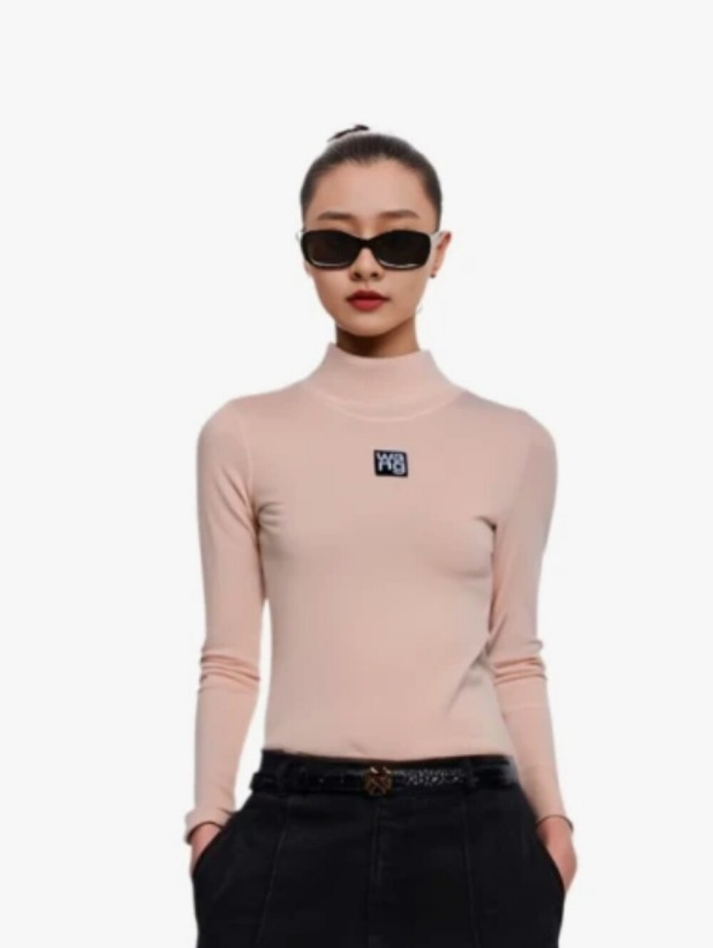 Alexander Wang T Logo Patch Long-Sleeve Mock Neck Top in Blush Pink Size Small